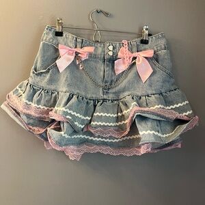 Hot Topic Denim Mini Skirt with Pink Accents